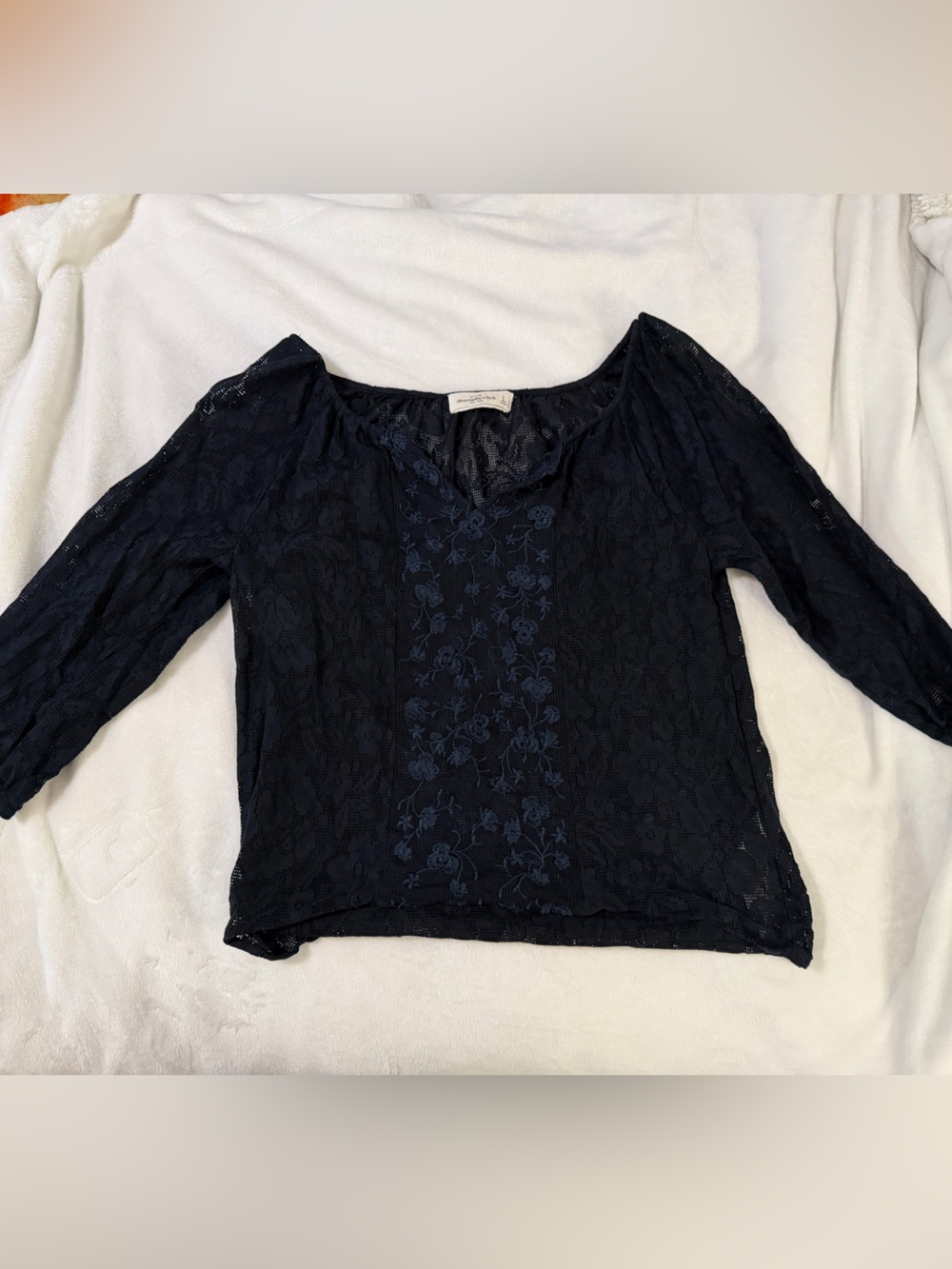 Abercrombie & Fitch Cotton Blend Navy Floral Lace Long Sleeve Top
